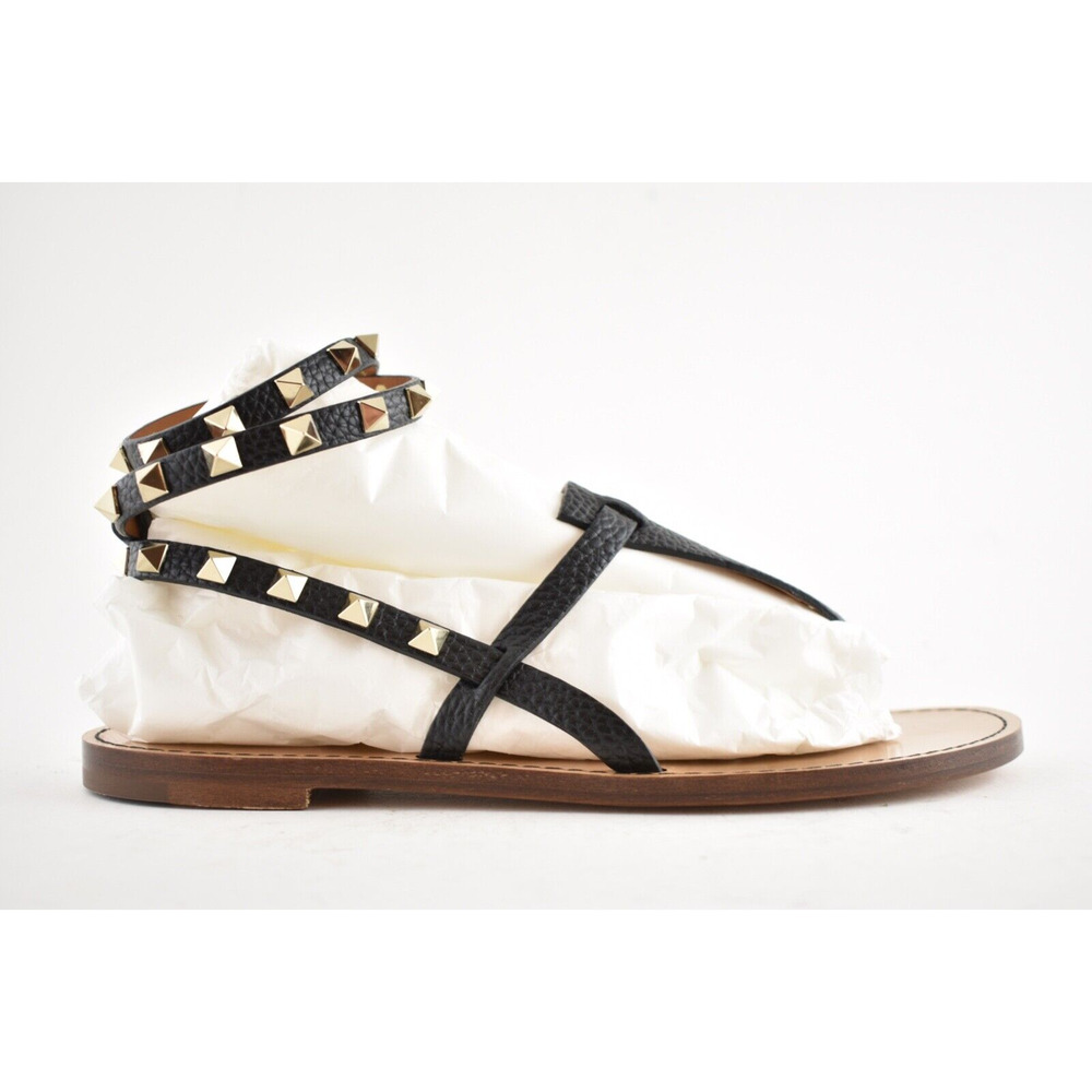 Valentino Rockstud Black Leather Thong Wrap Around Strap Flat Slide Sandal 36.5 - Picture 3 of 11